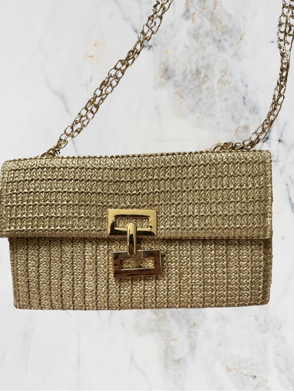 Gold/ Tan Woven Bag with Long Chain Strap